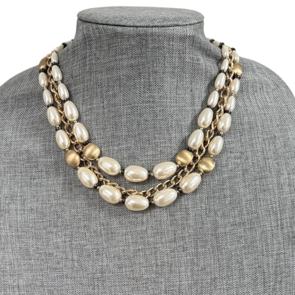 3-Strand Faux Large Pearl Gold-Tone Link Chain Necklace w/Extender Elegant Boho